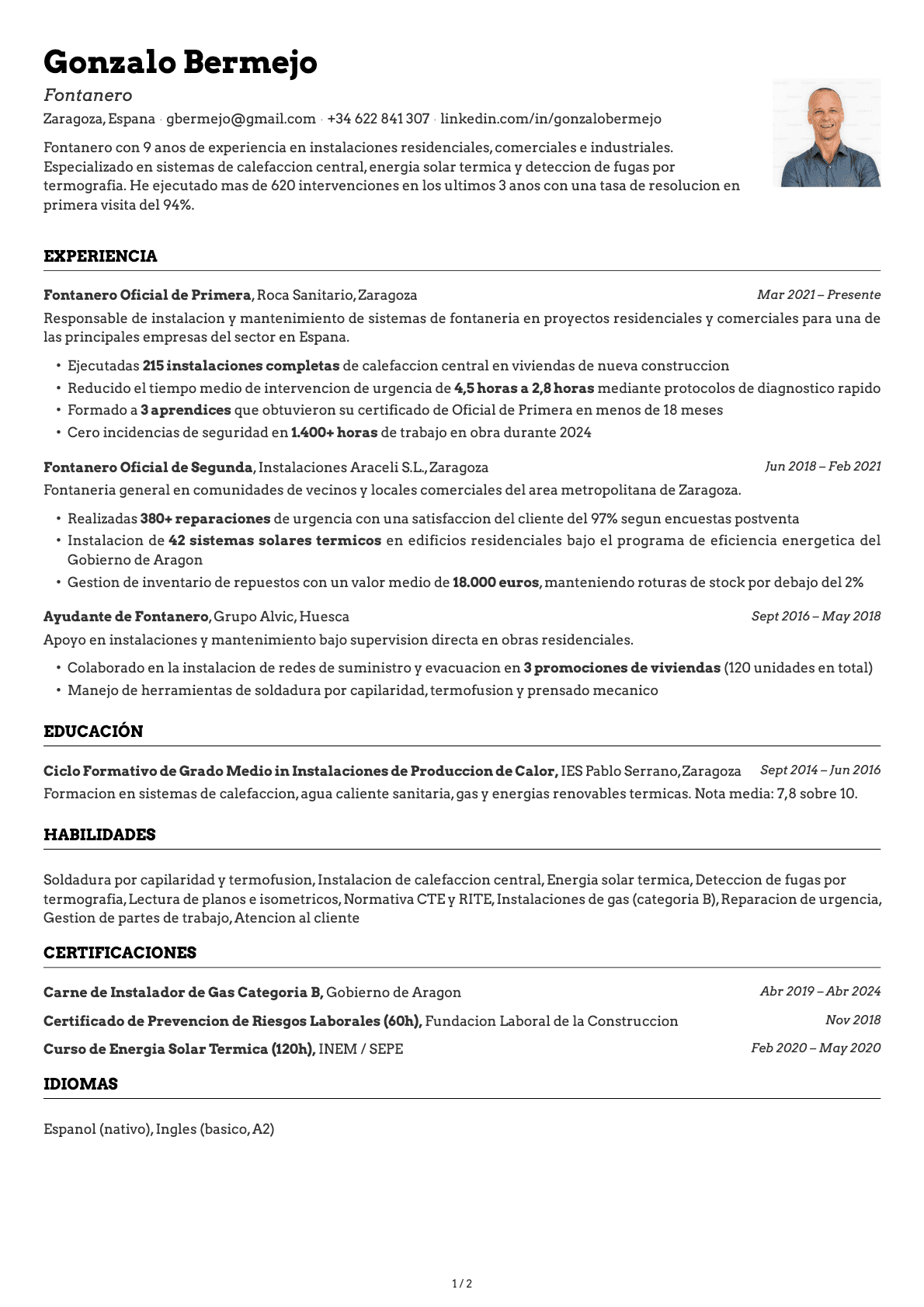 Fontanero resume example