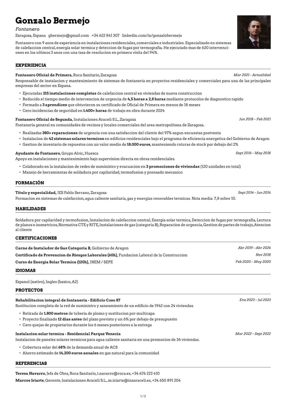 Fontanero resume example