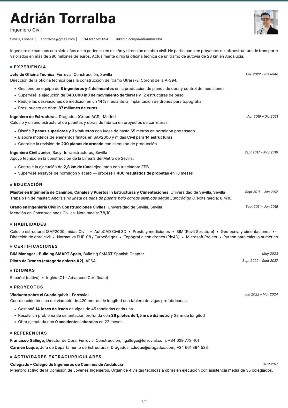 Ingeniero Civil resume example