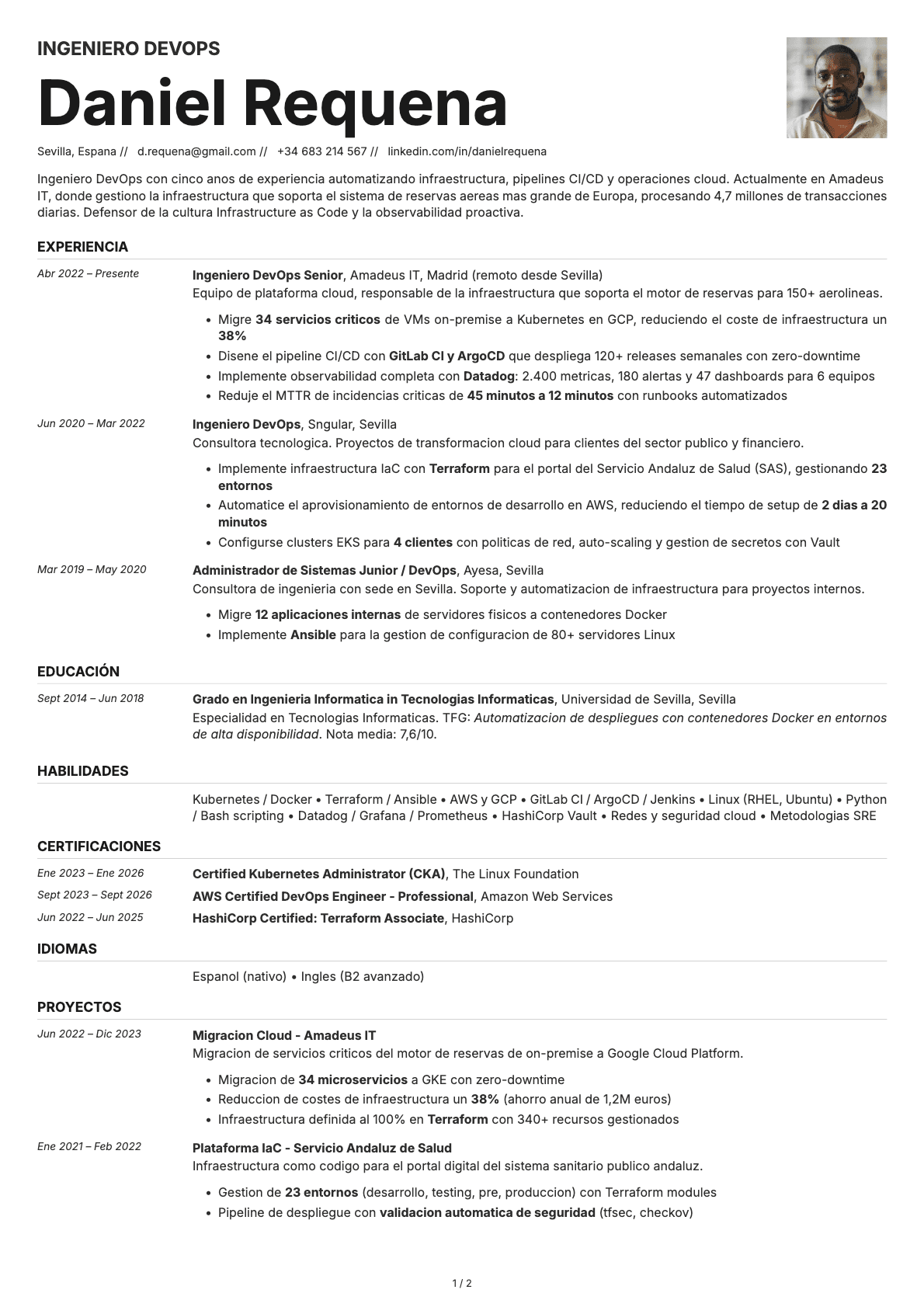 Ingeniero DevOps resume example