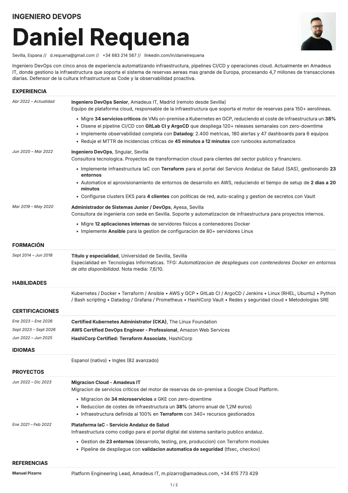 Ingeniero DevOps resume example