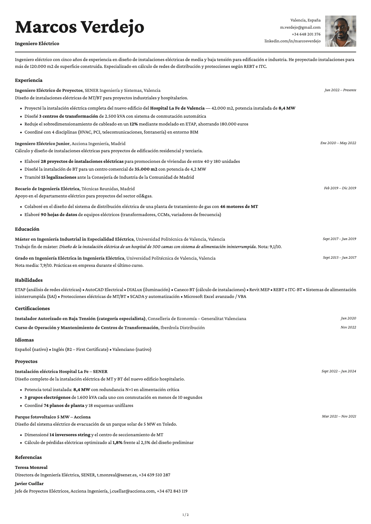 Ingeniero Eléctrico resume example