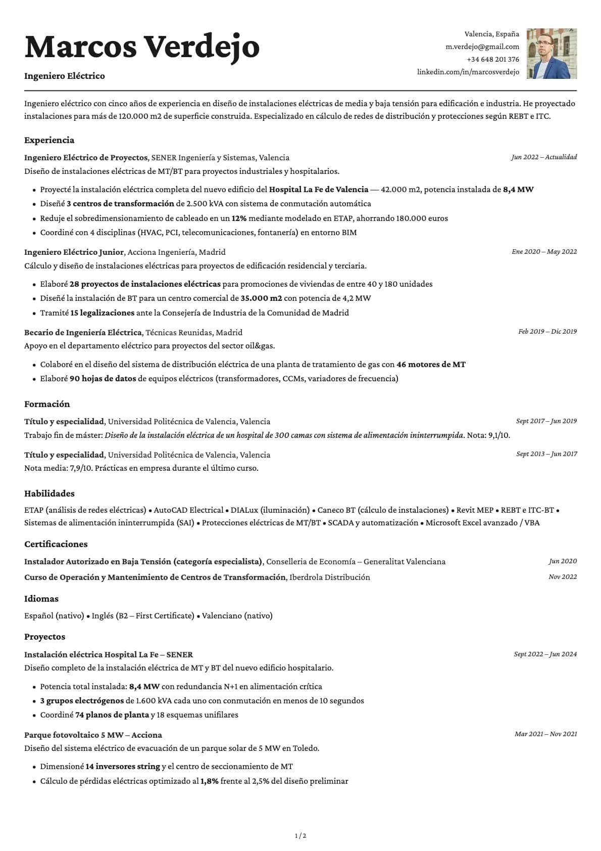 Ingeniero Eléctrico resume example