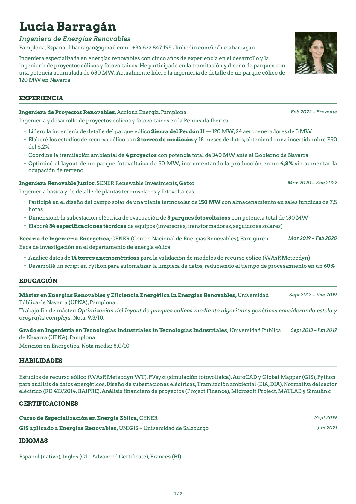 Ingeniero de Energías Renovables resume example
