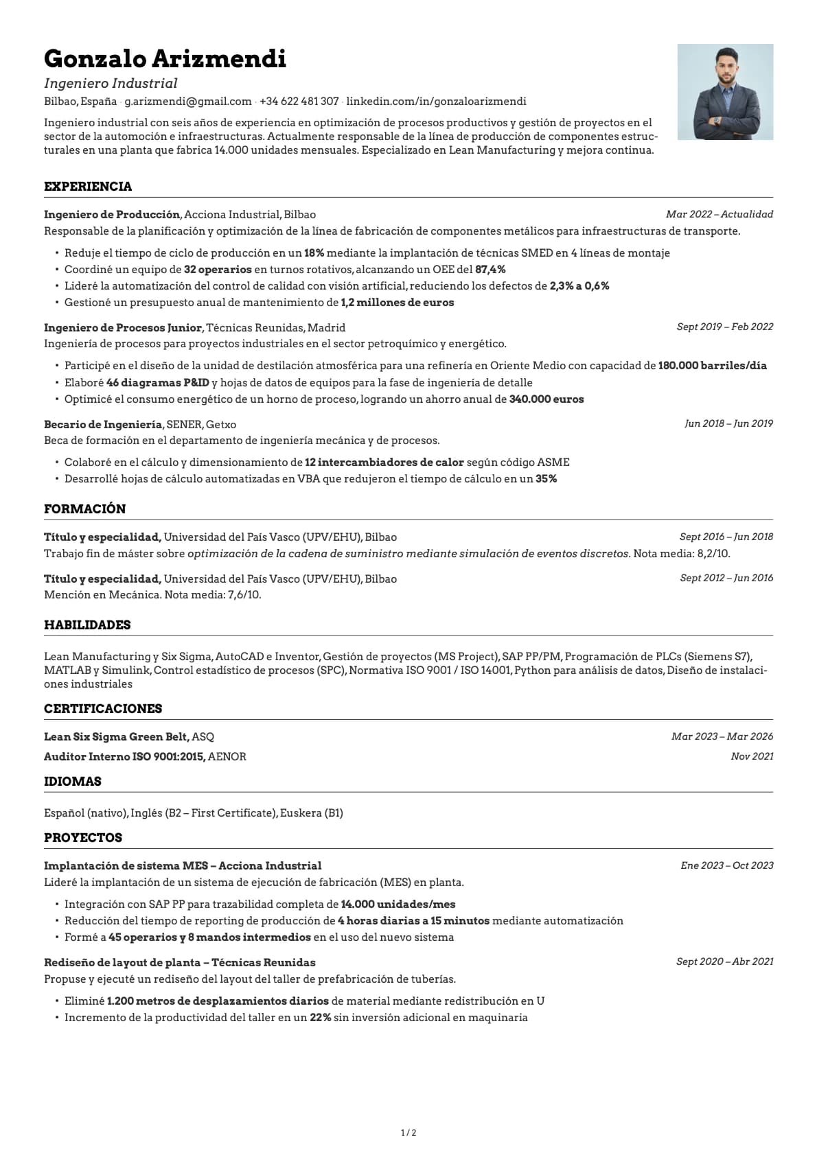 Ingeniero Industrial resume example