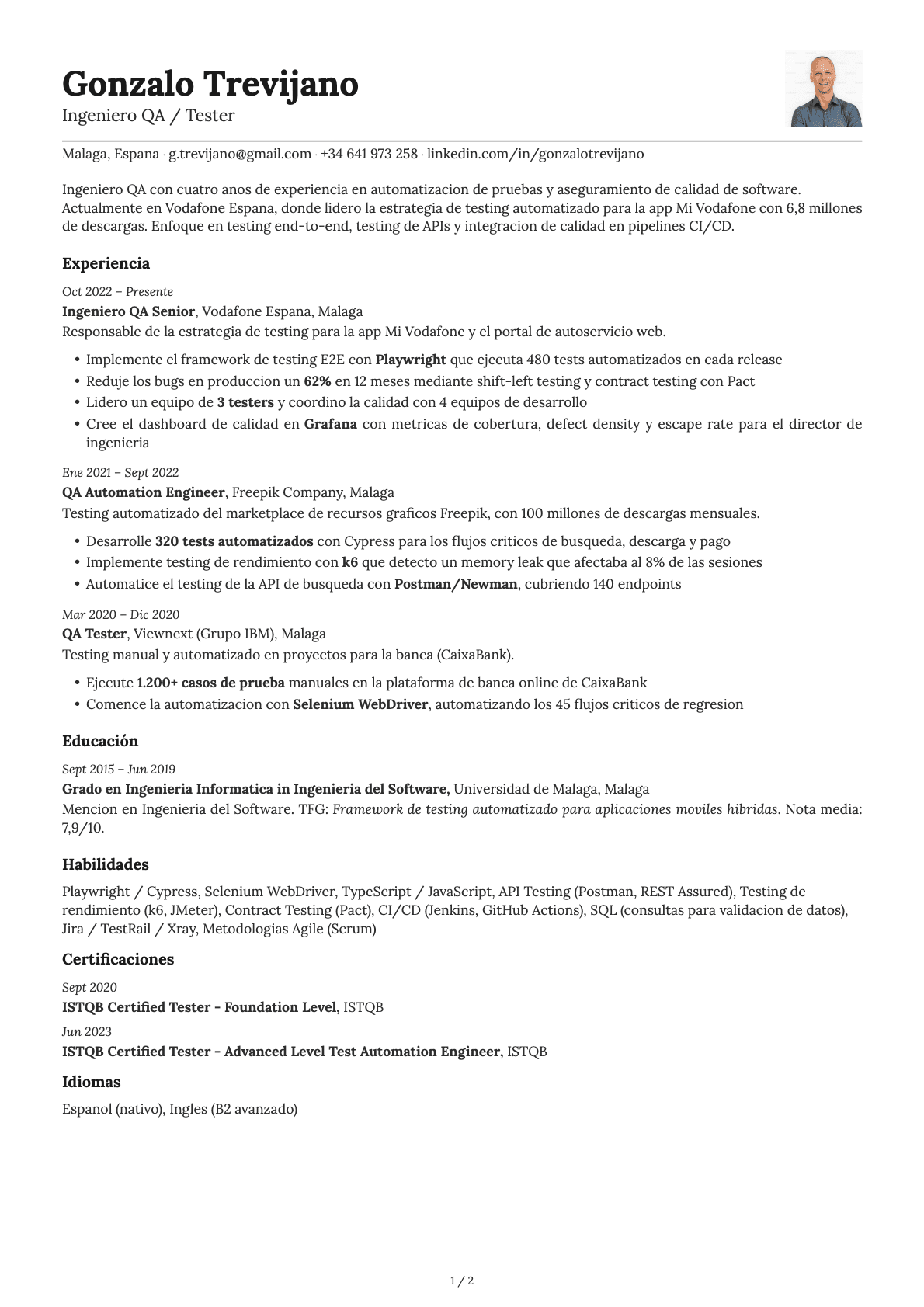 Ingeniero QA / Tester resume example