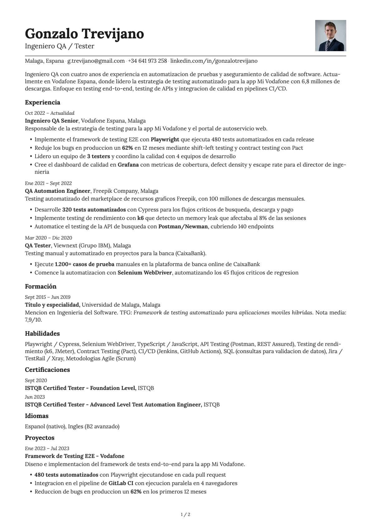 Ingeniero QA / Tester resume example