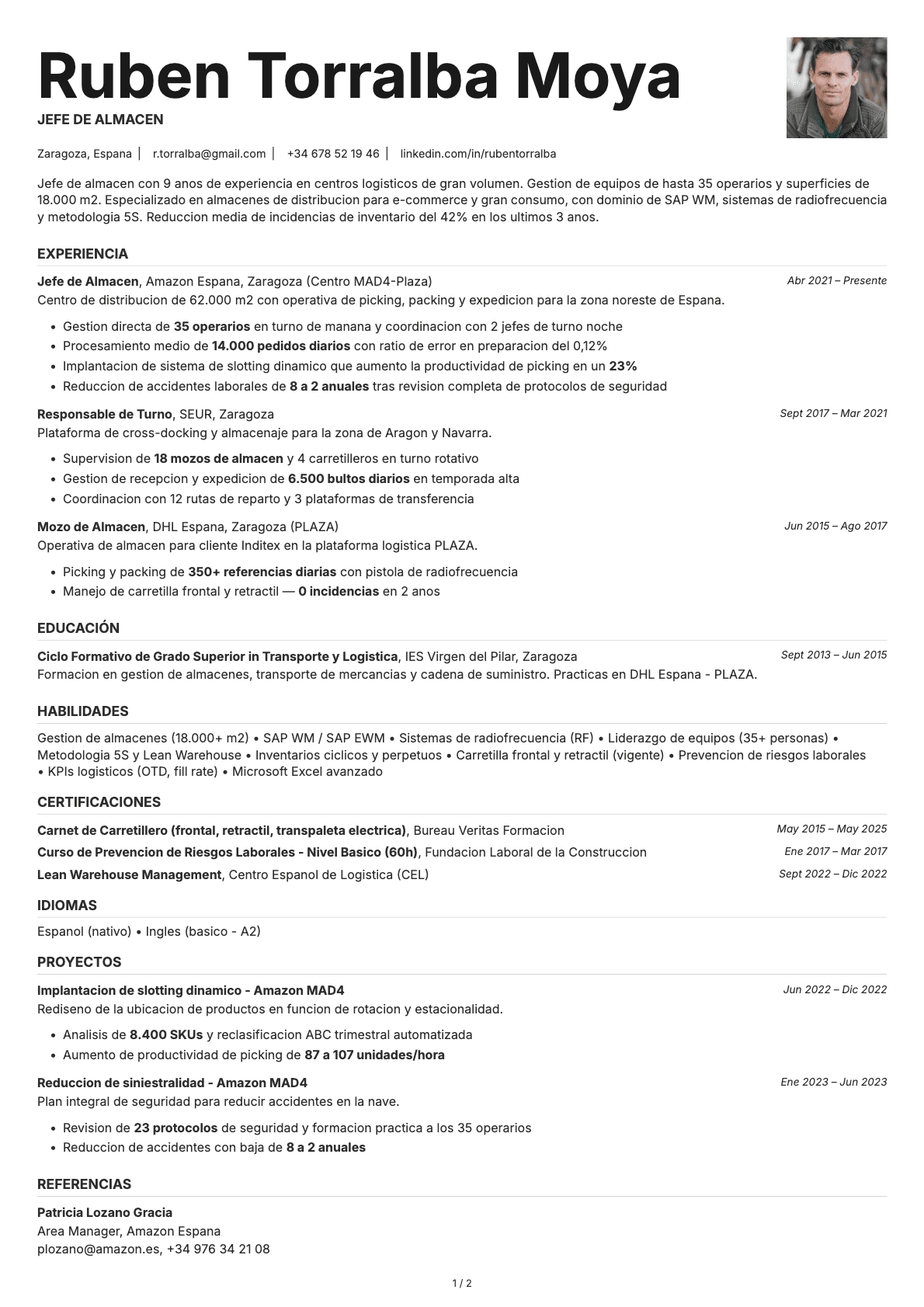 Jefe de Almacén resume example