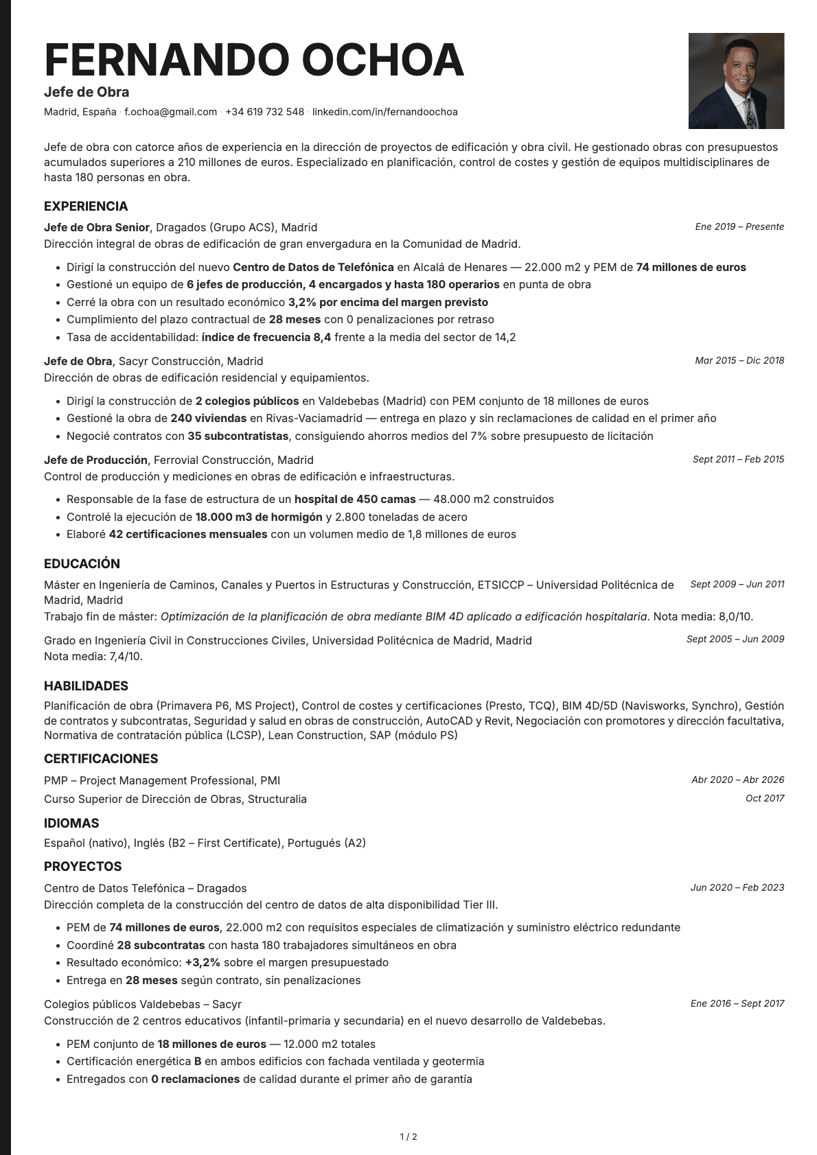 Jefe de Obra resume example