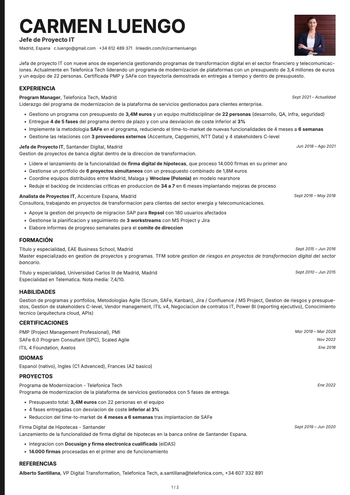 Jefe de Proyecto IT resume example