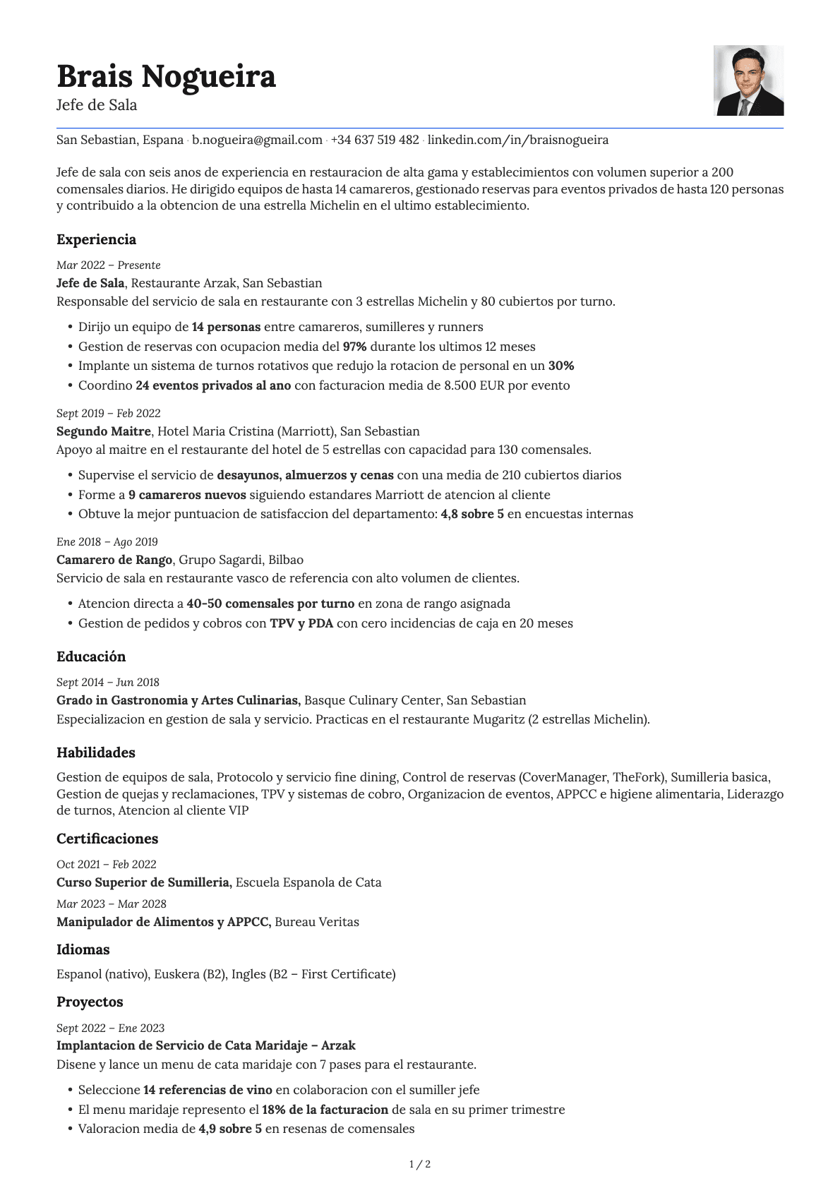 Jefe de Sala resume example