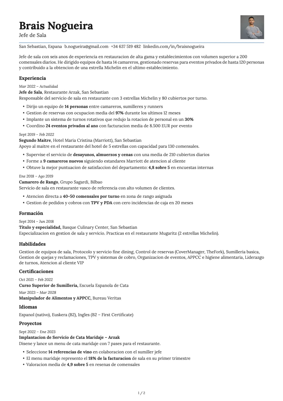 Jefe de Sala resume example