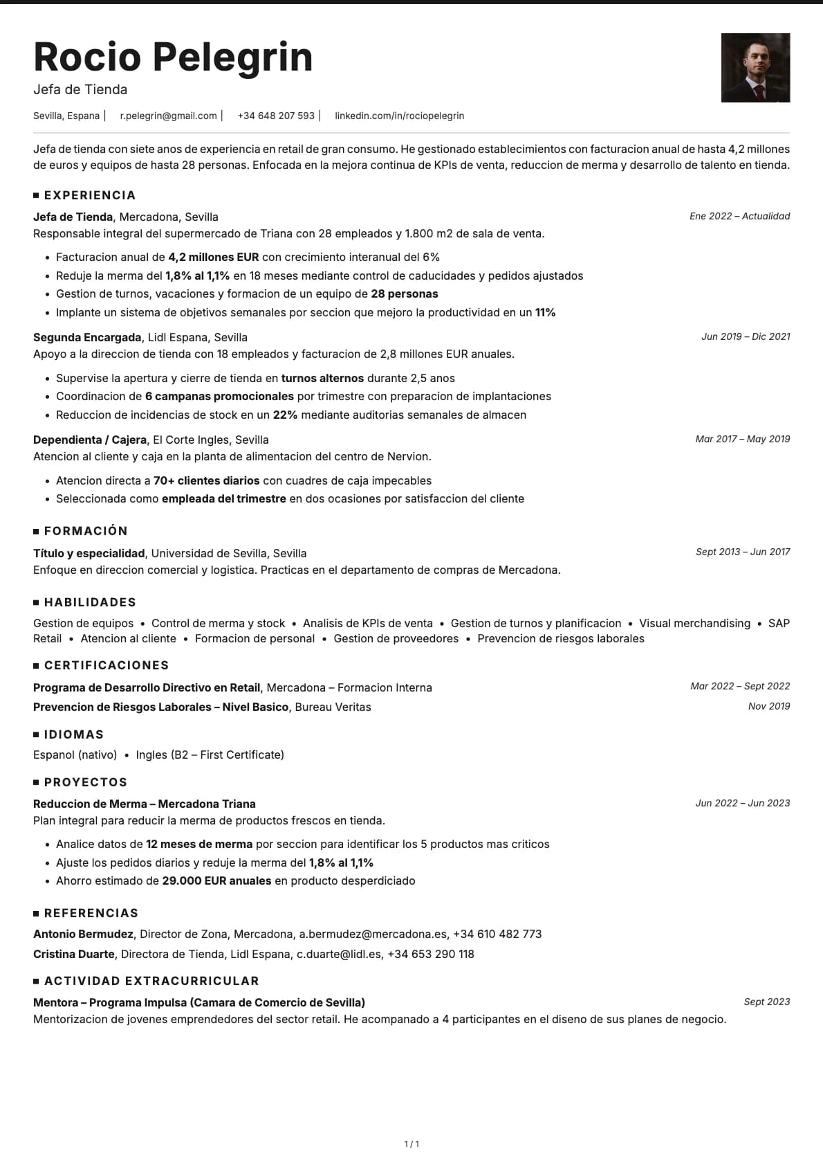 Jefe de Tienda resume example