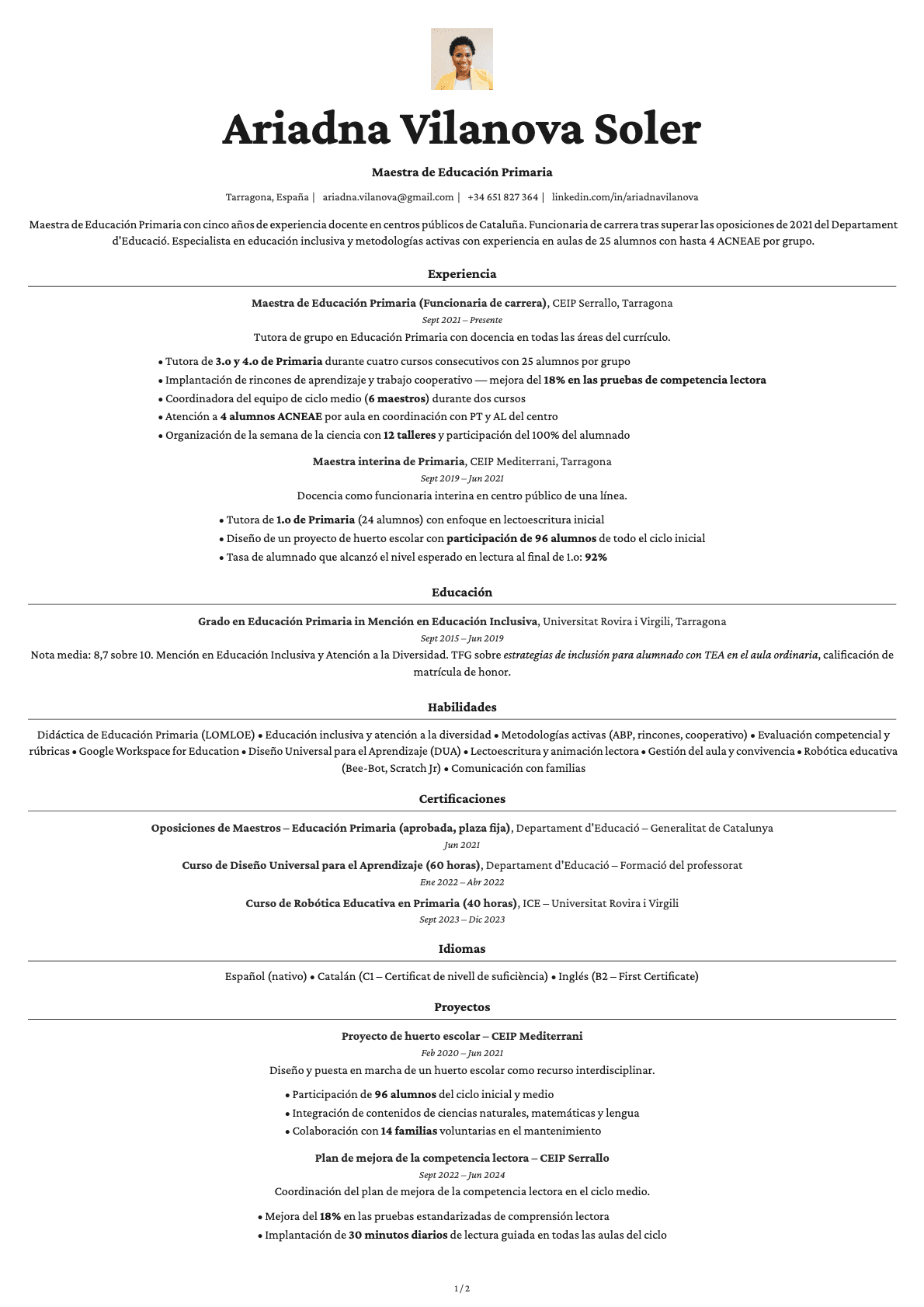 Maestro de Educación Primaria resume example