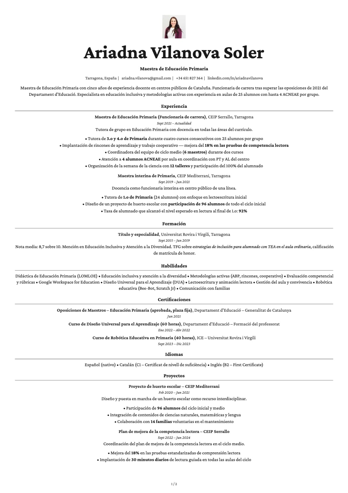 Maestro de Educación Primaria resume example
