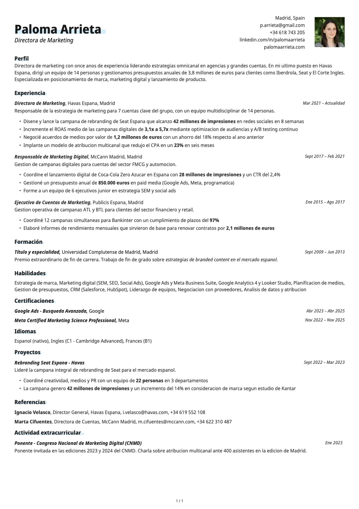 Director/a de Marketing resume example