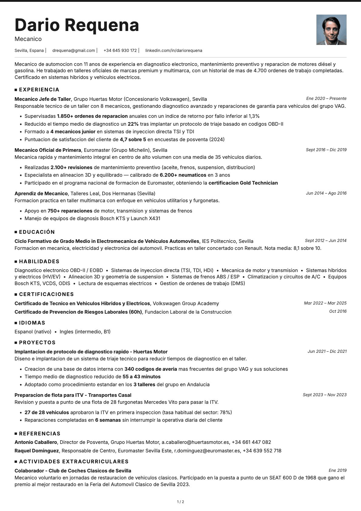 Mecánico resume example