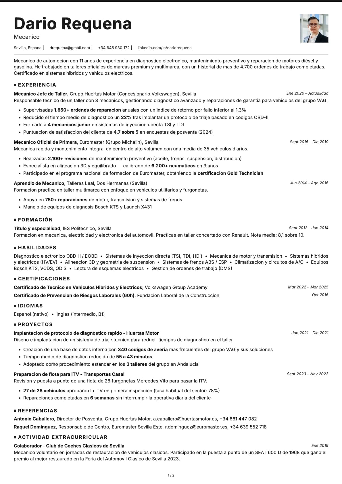 Mecánico resume example