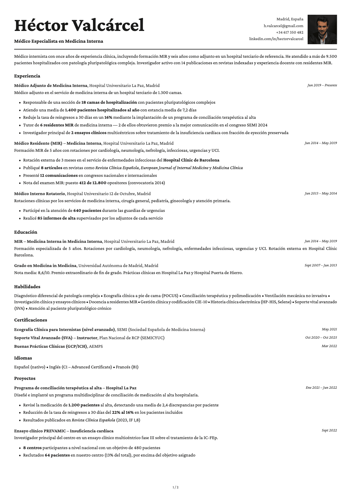 Médico resume example