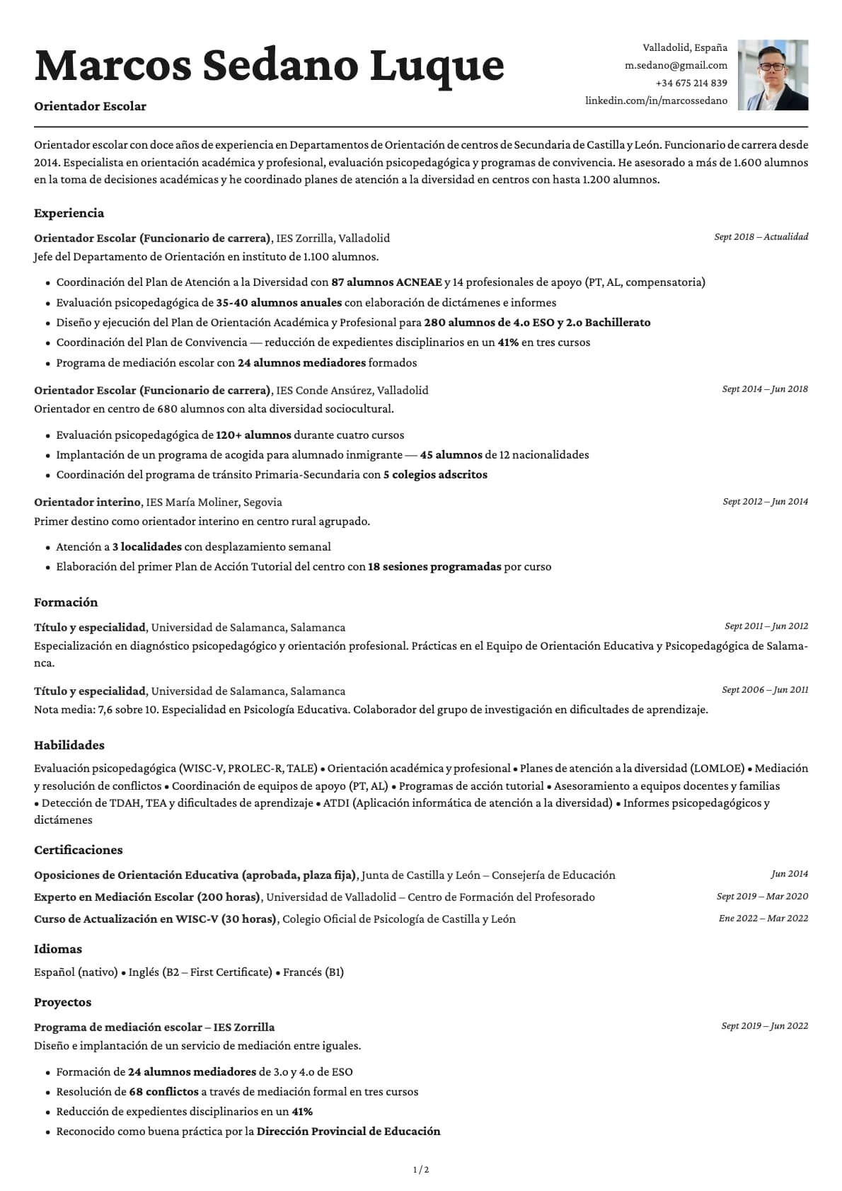 Orientador Escolar resume example