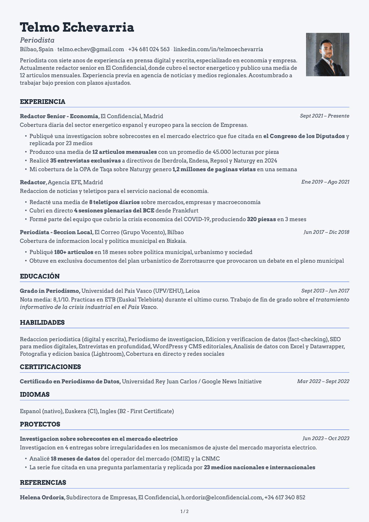 Periodista resume example