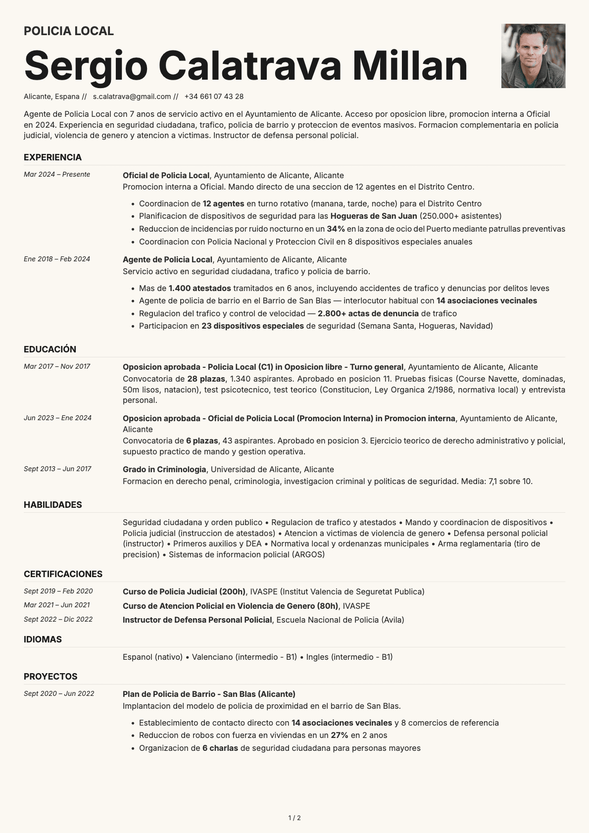 Policía Local resume example
