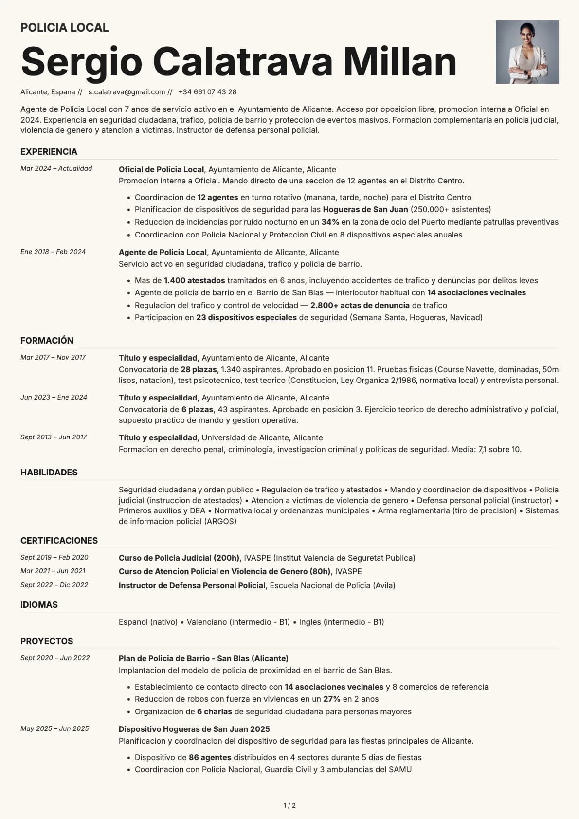 Policía Local resume example