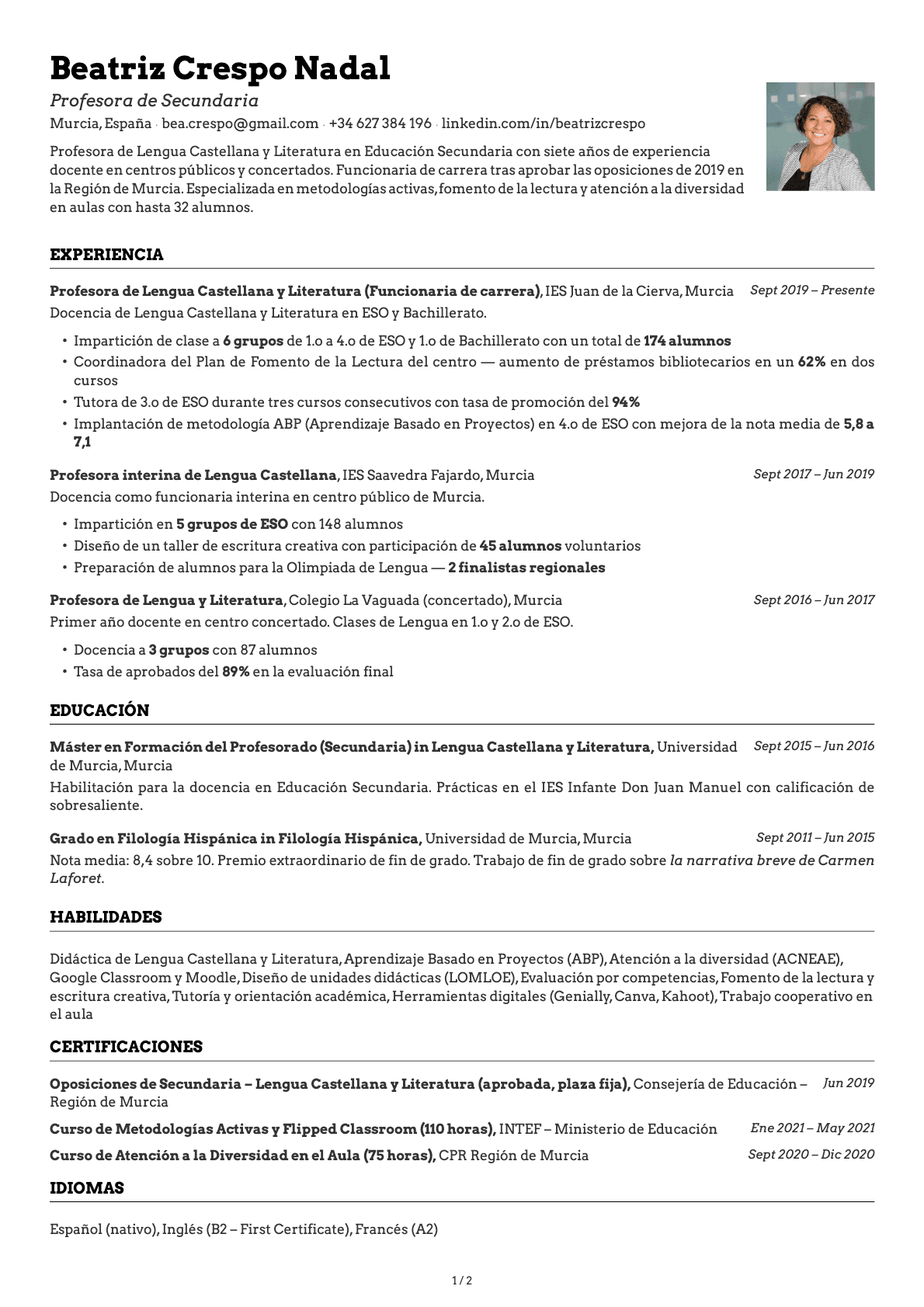 Profesor de Secundaria resume example