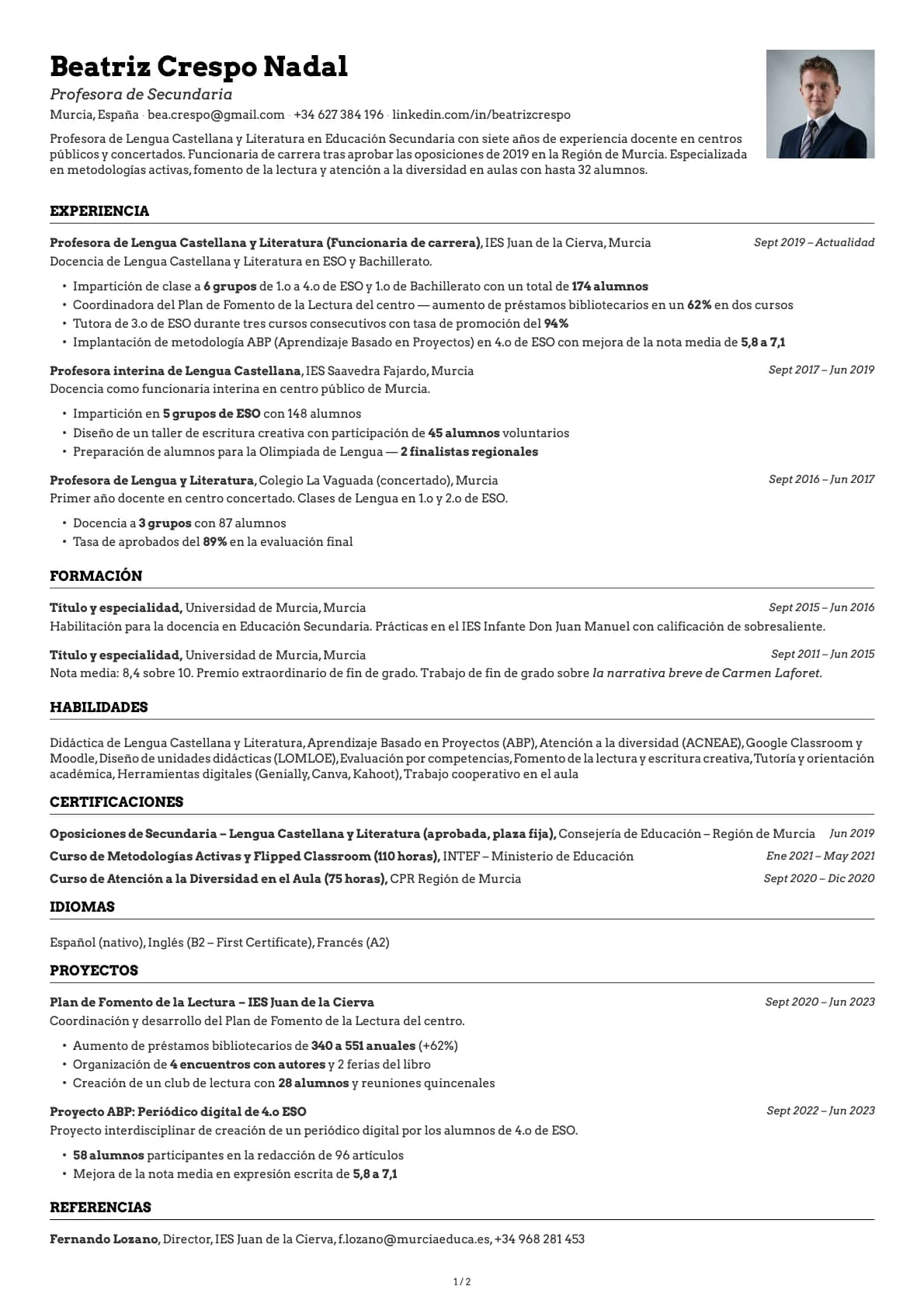 Profesor de Secundaria resume example