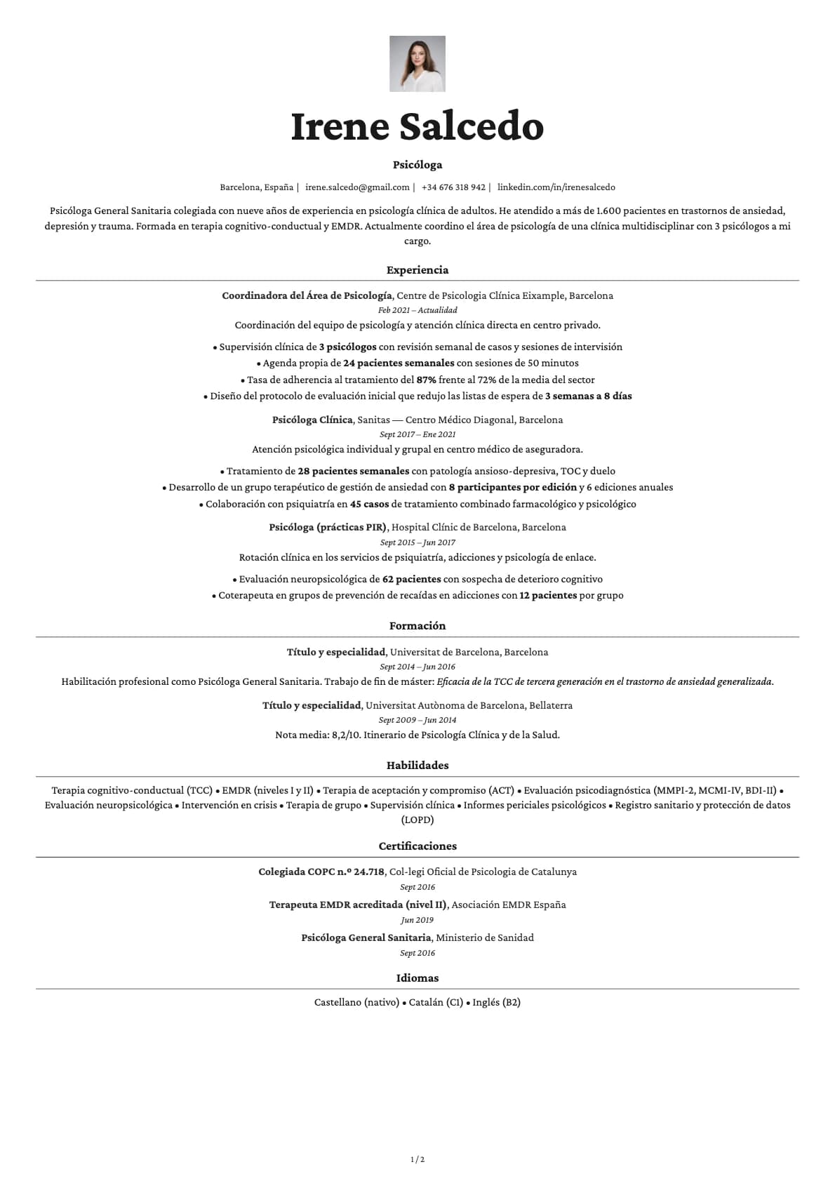 Psicólogo resume example