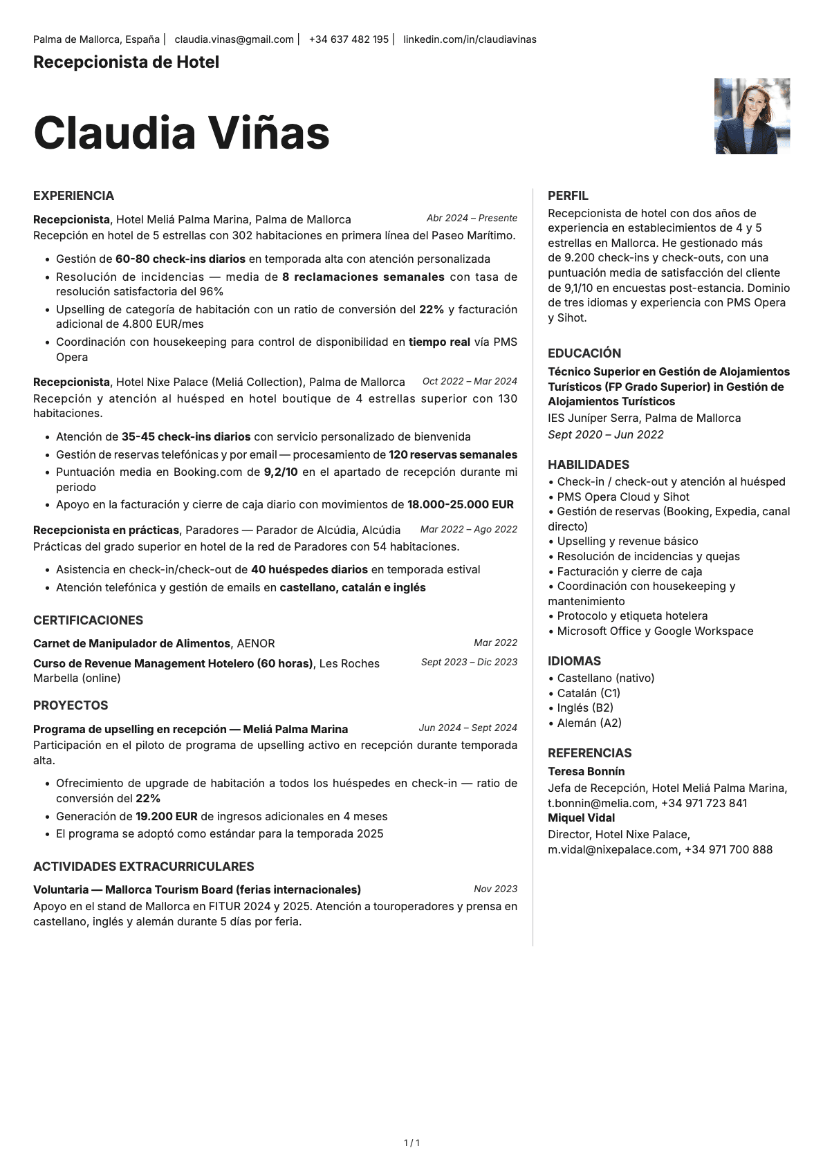 Recepcionista de Hotel resume example