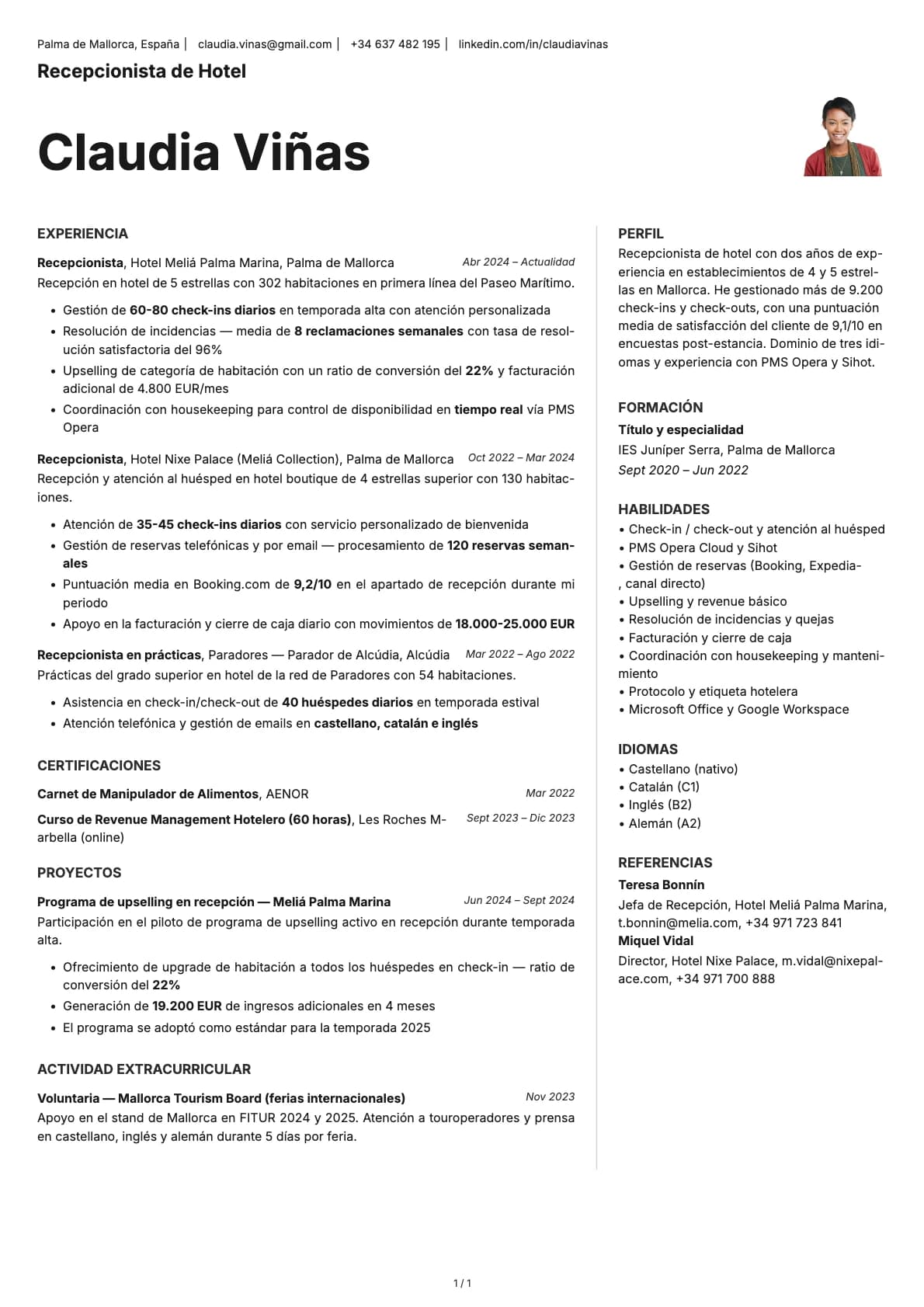Recepcionista de Hotel resume example