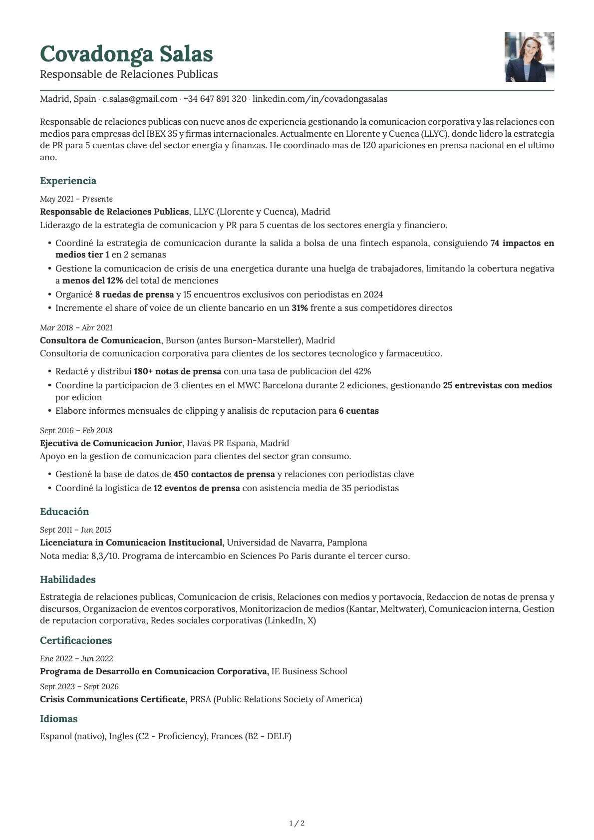 Responsable de Relaciones Públicas resume example