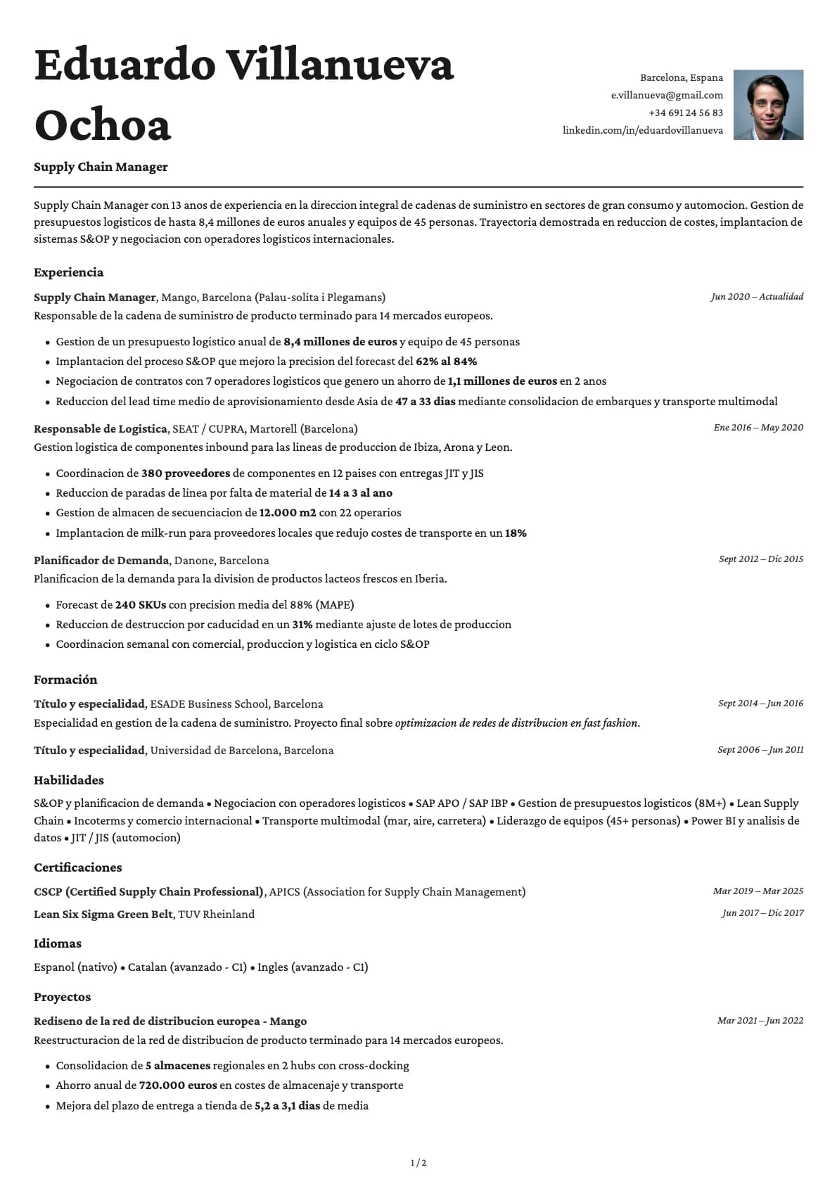 Supply Chain Manager resume example