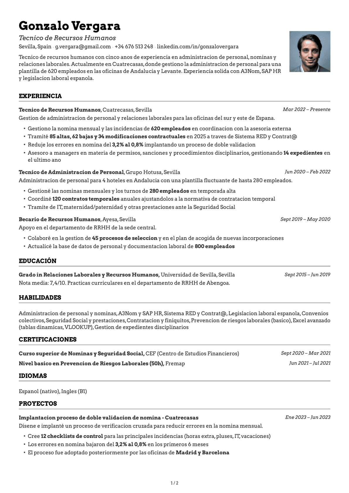 Técnico de Recursos Humanos resume example