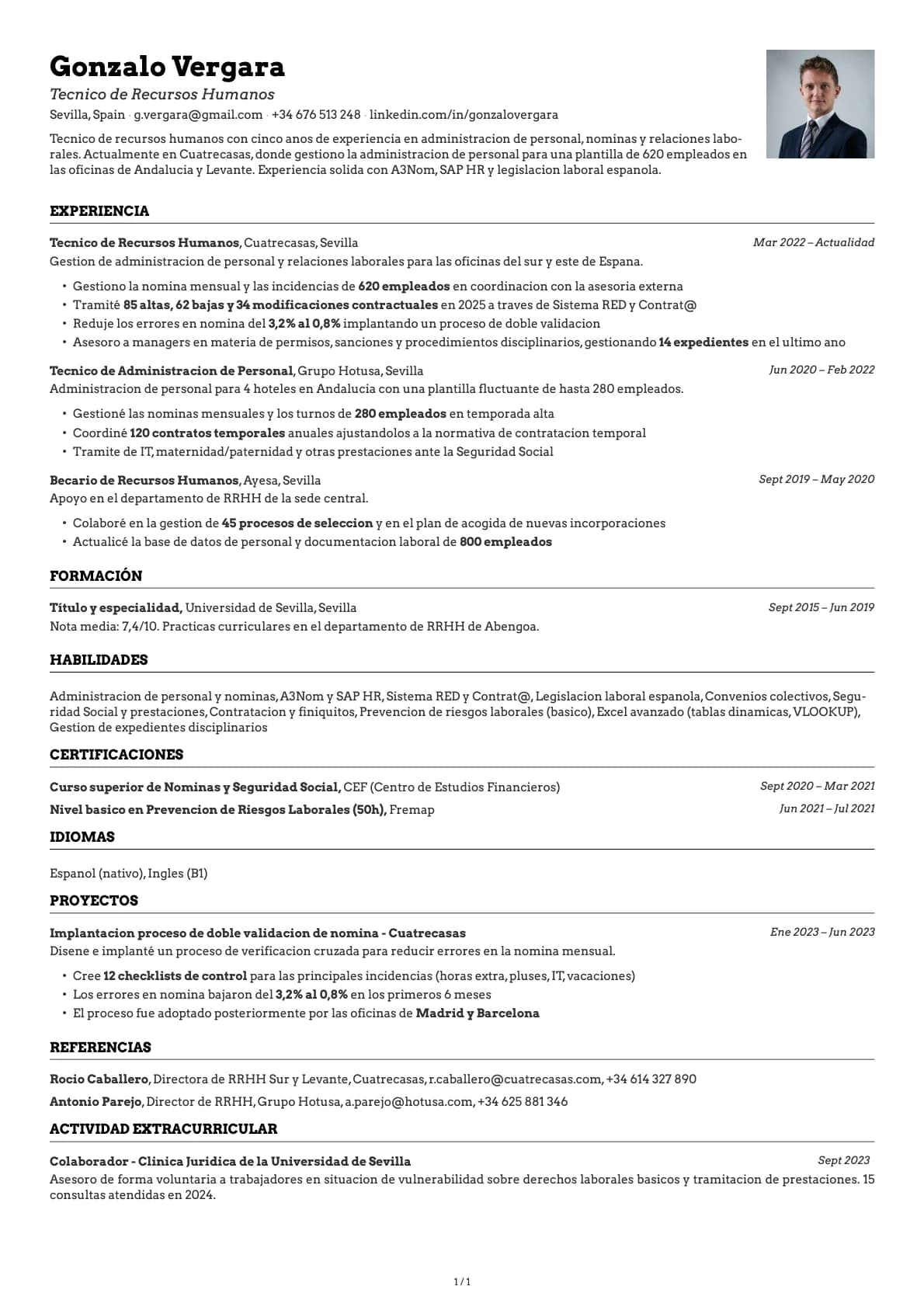 Técnico de Recursos Humanos resume example