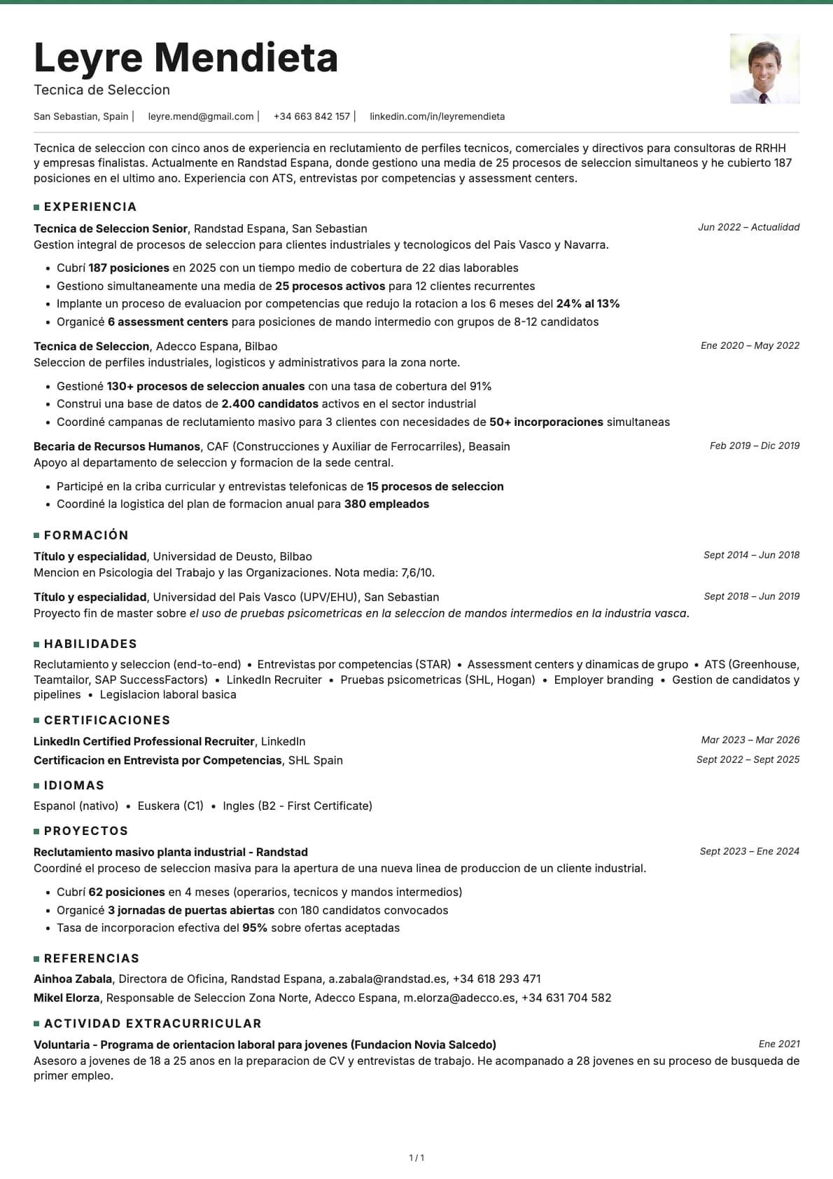 Técnico de Selección resume example
