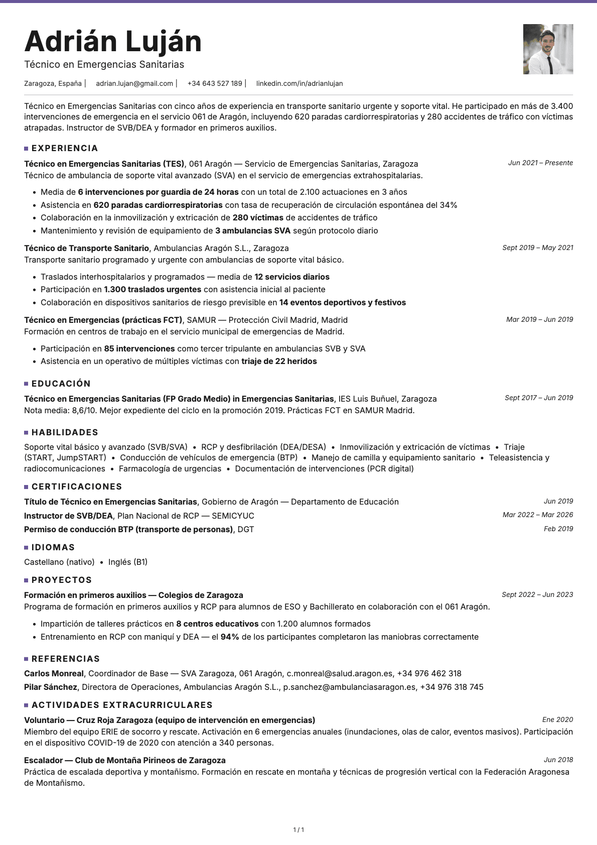 Técnico en Emergencias Sanitarias resume example