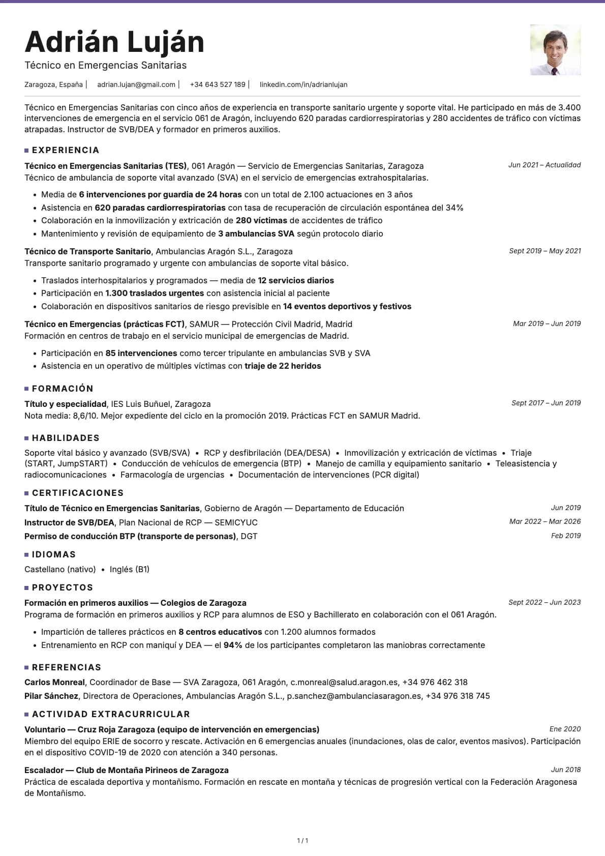 Técnico en Emergencias Sanitarias resume example