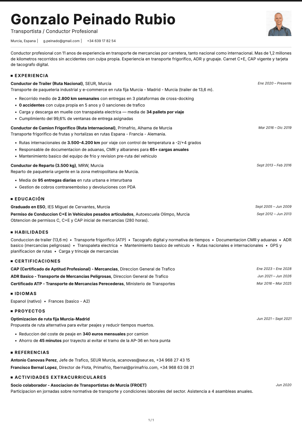 Transportista / Conductor Profesional resume example