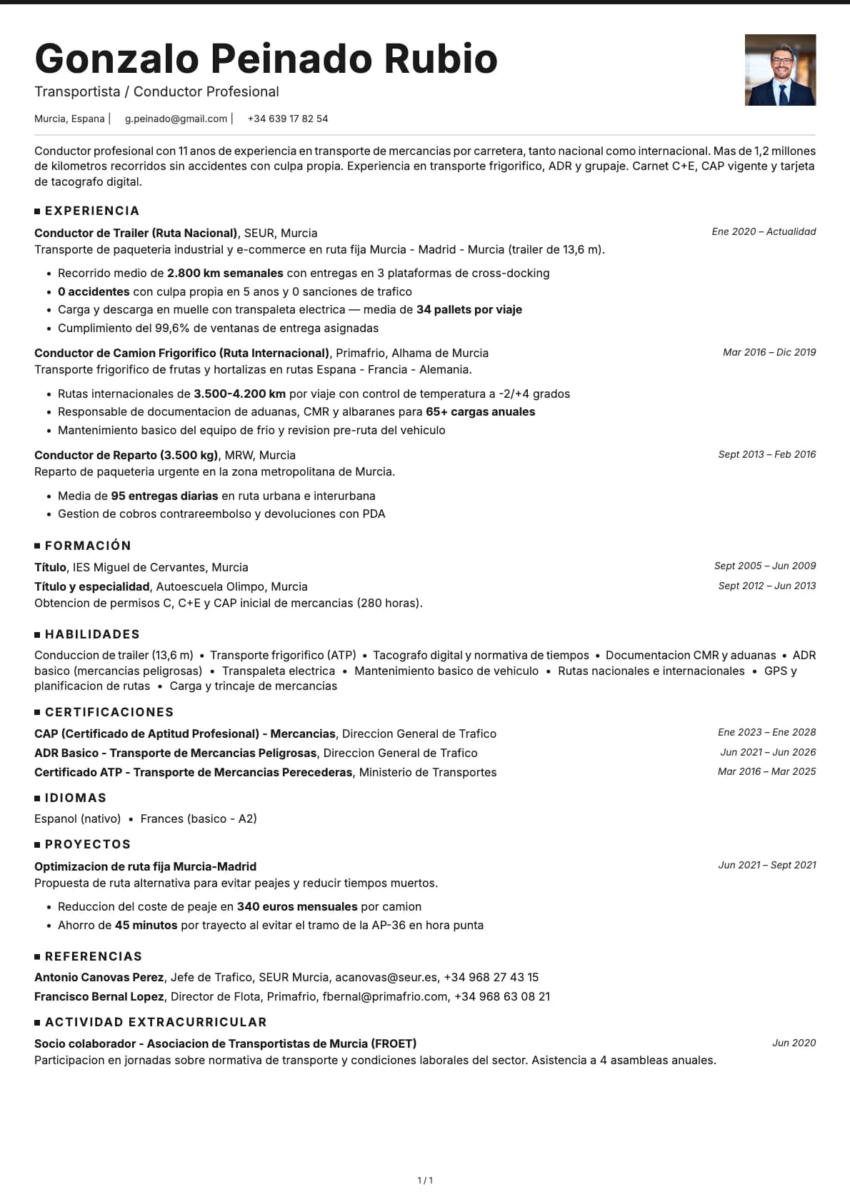 Transportista / Conductor Profesional resume example