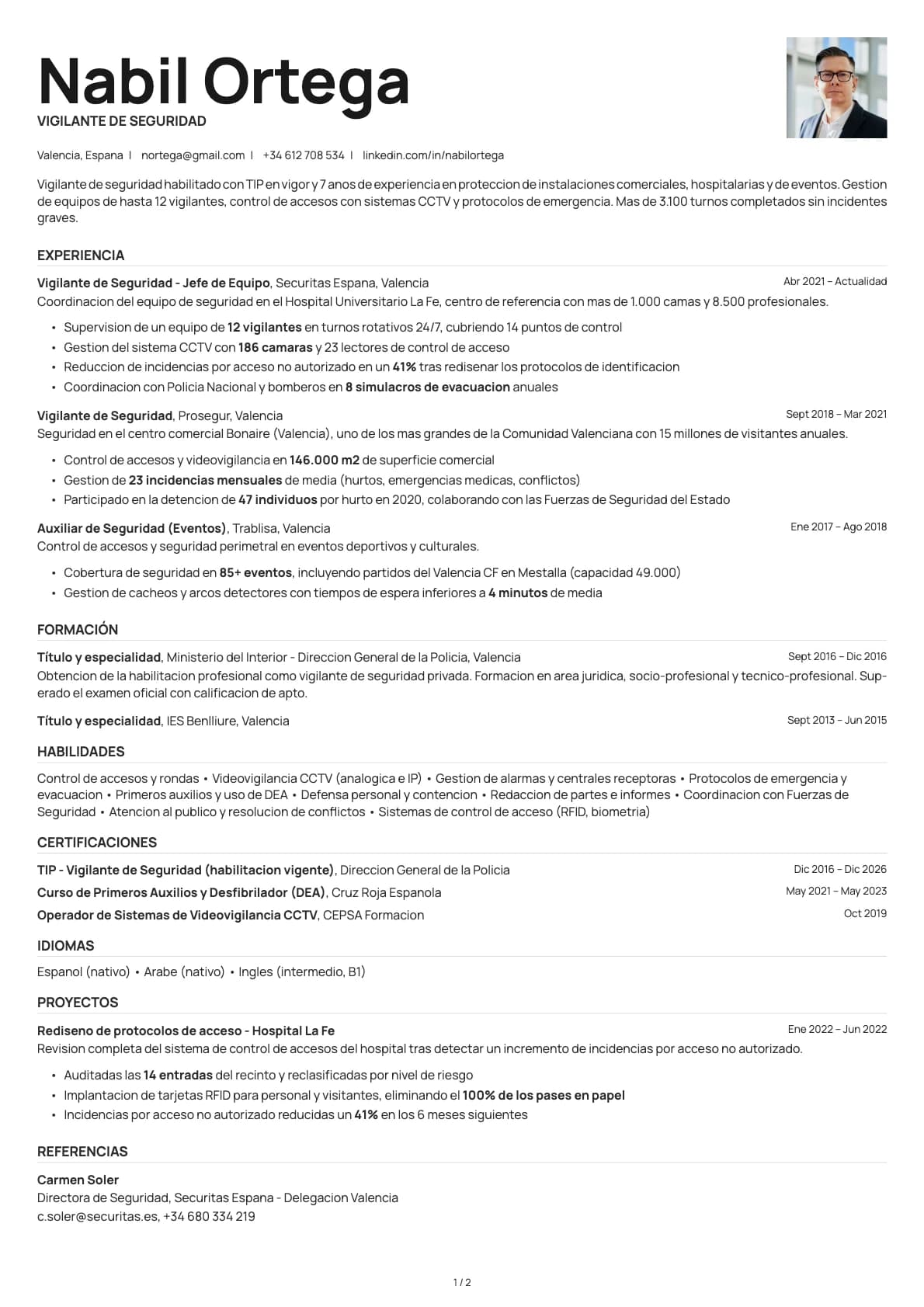 Vigilante de Seguridad resume example