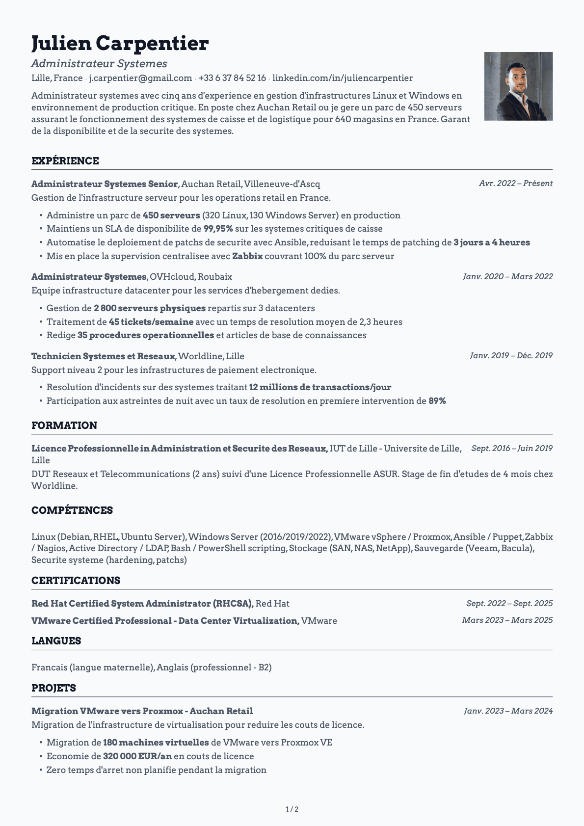 Administrateur Systèmes resume example