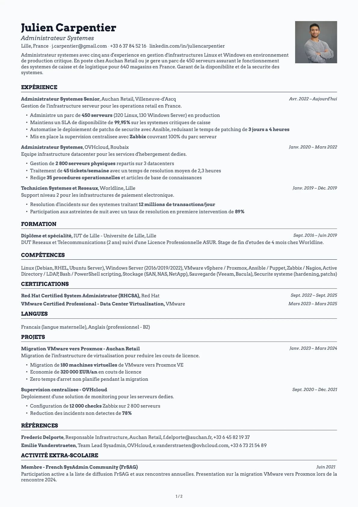 Administrateur Systèmes resume example