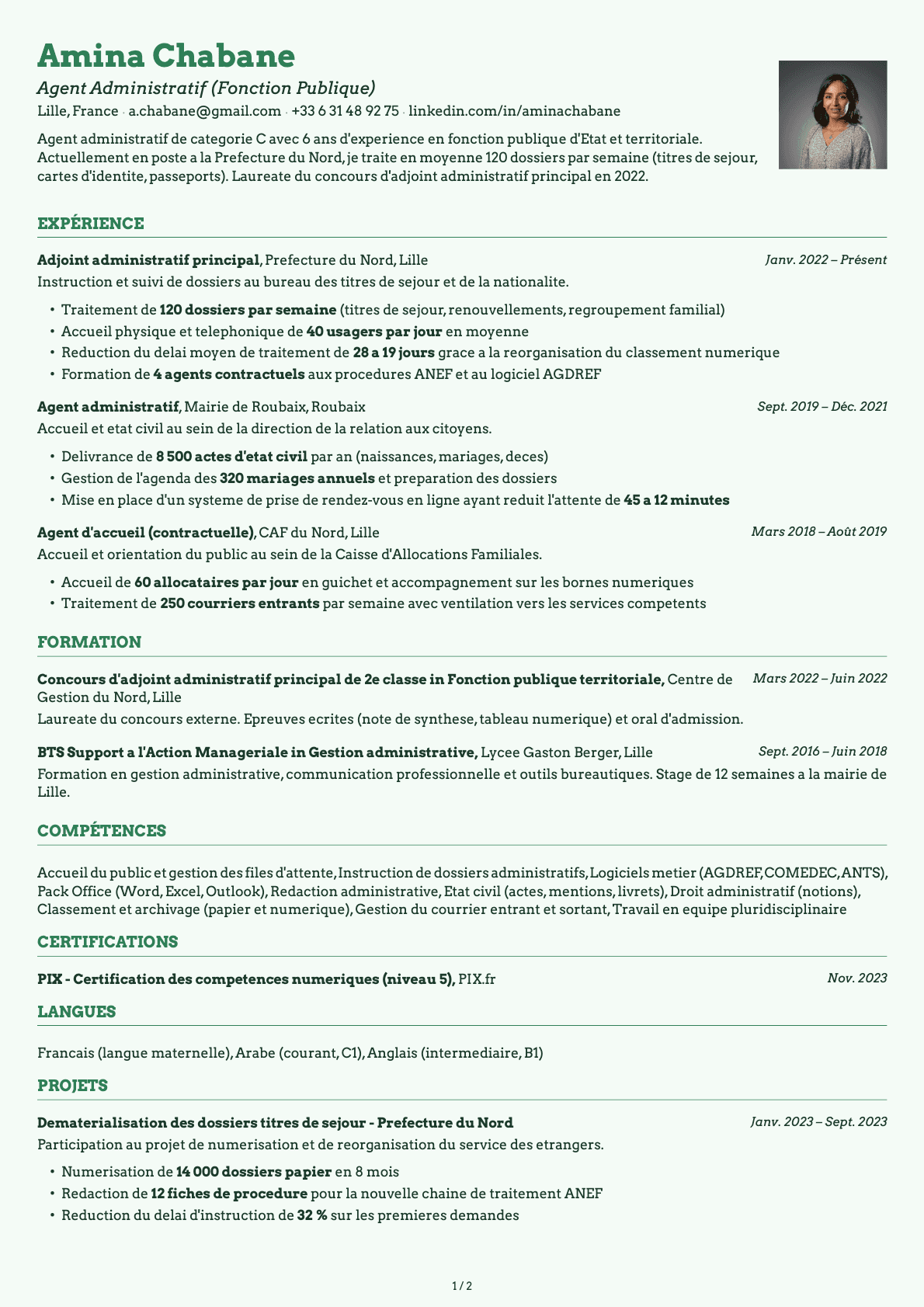 Agent Administratif (Fonction Publique) resume example