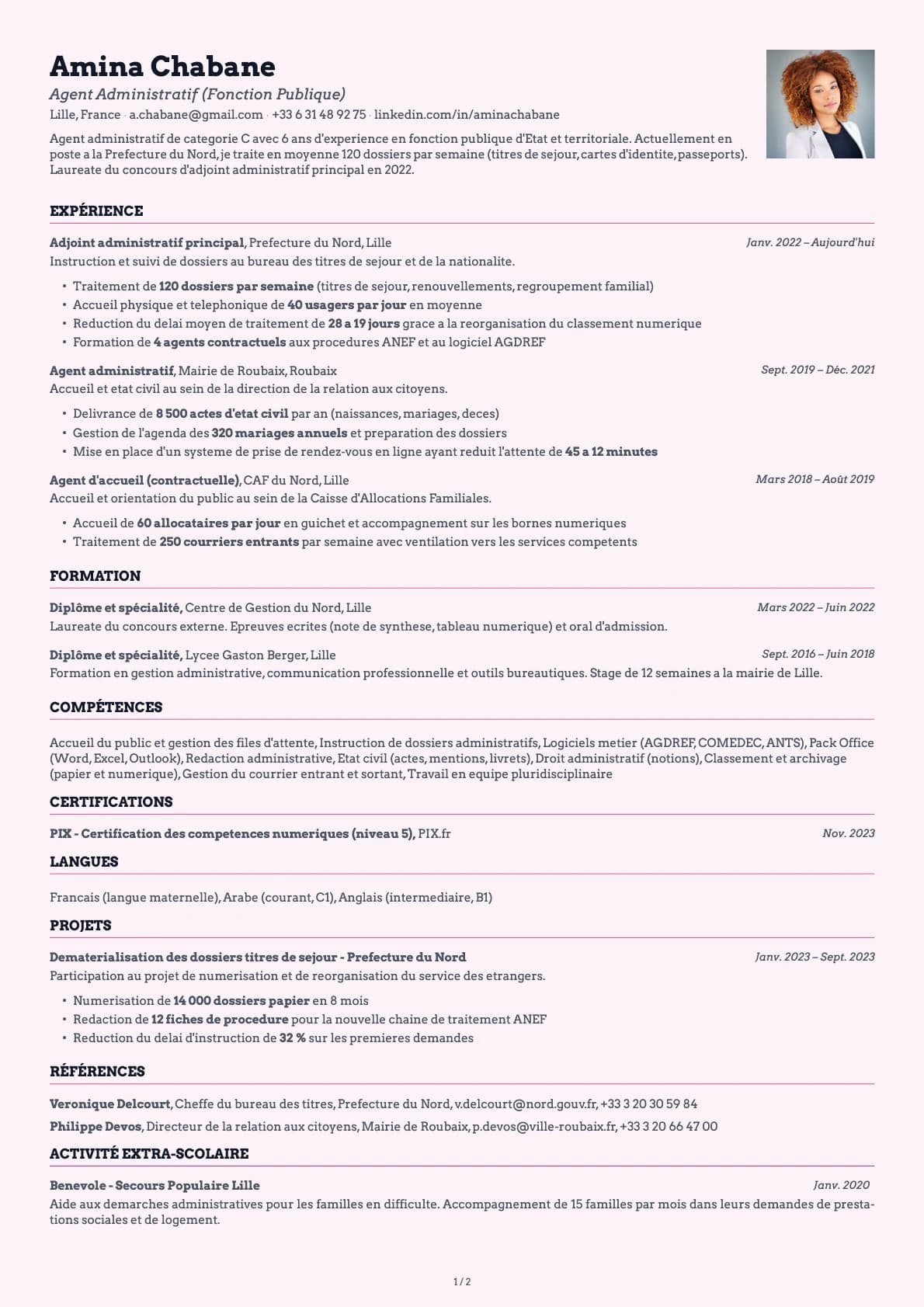 Agent Administratif (Fonction Publique) resume example