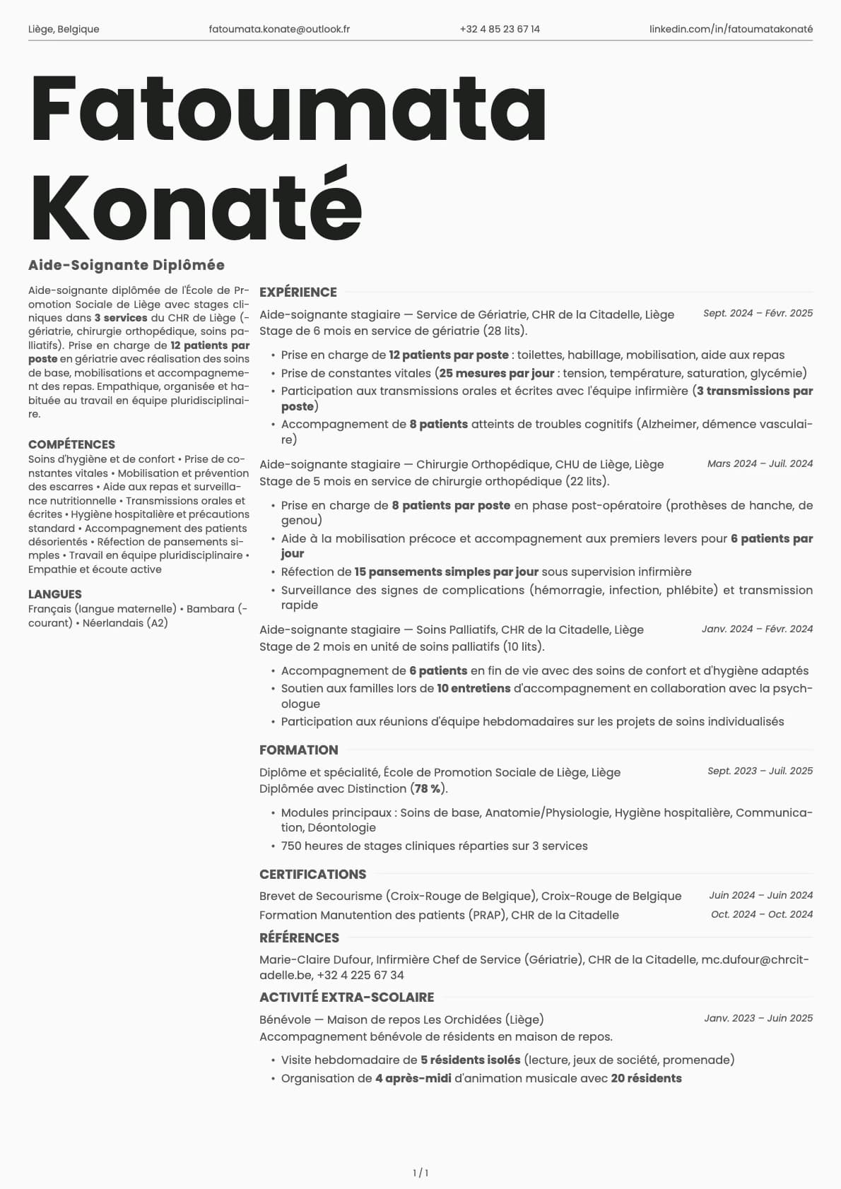 Aide-Soignante Diplômée resume example