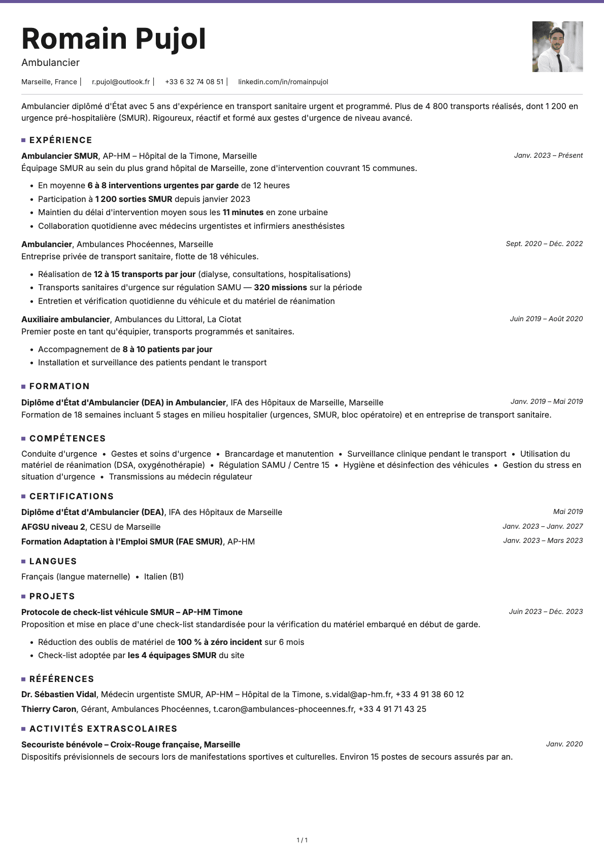 Ambulancier resume example