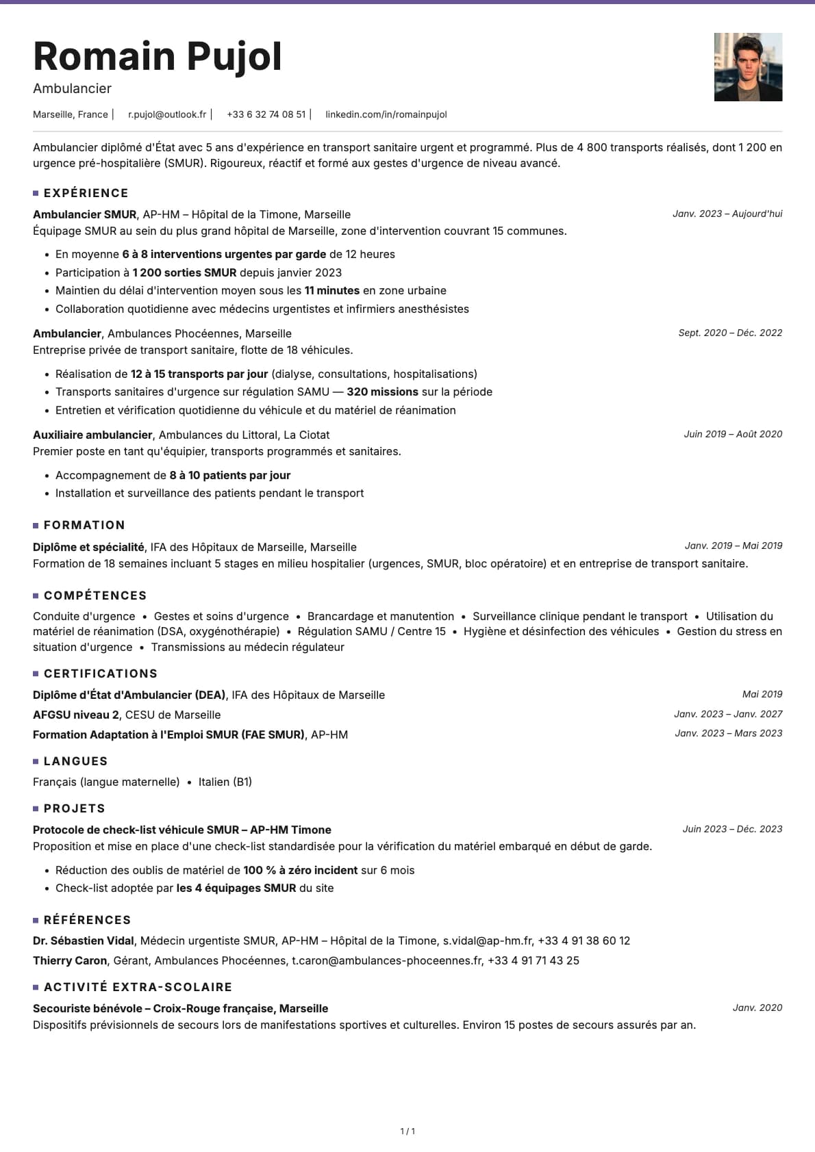 Ambulancier resume example