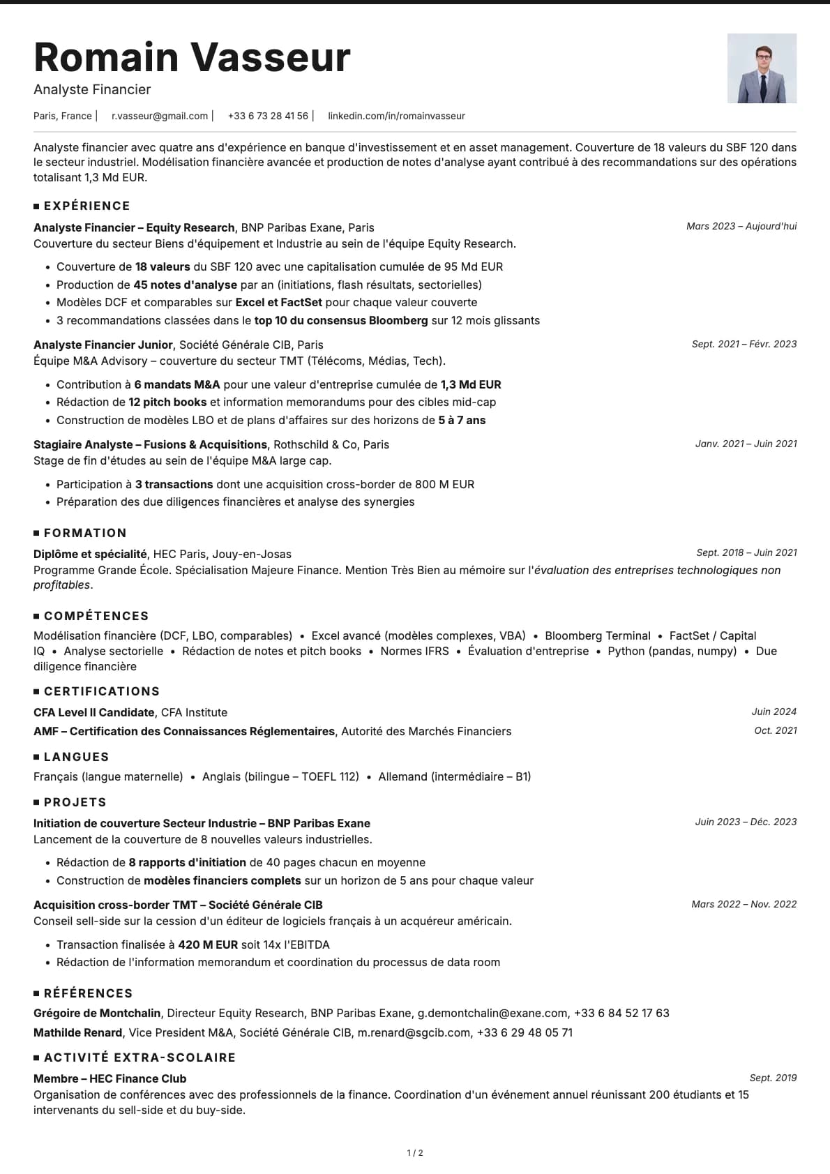 Analyste Financier resume example